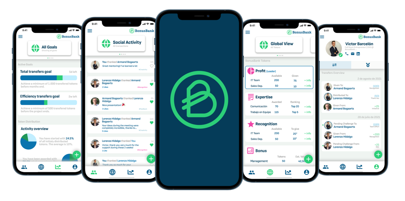 Ilustración 2. Muestra de las 4 pantallas principales de la App de BonusBank